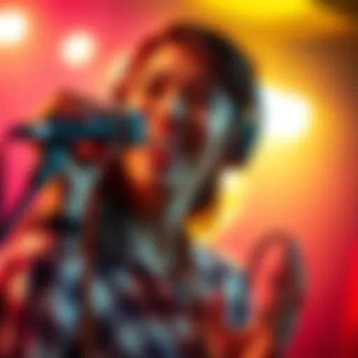 A woman with a microphone passionately performing voice acting, capturing emotions and expressions while dressed creatively for a character role.