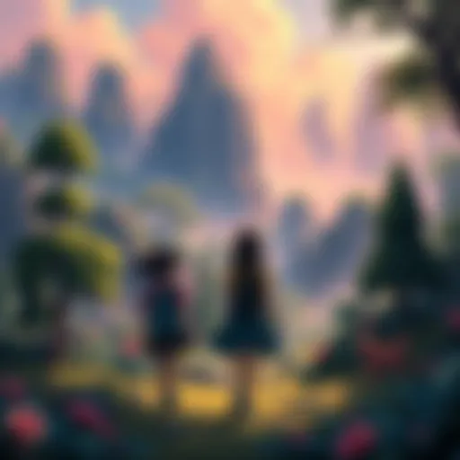 Two girls explore a vibrant Ghibli-like landscape filled with magical creatures and lush greenery.