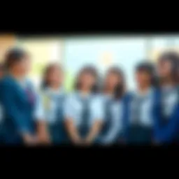 A group of girls in Christian school uniforms laughing and chatting together, showcasing their friendship and school spirit.