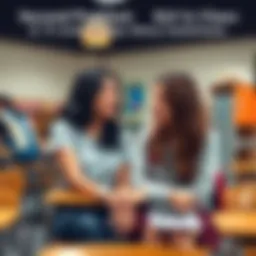 Two high school girls sitting together, laughing and sharing a conversation in a classroom setting