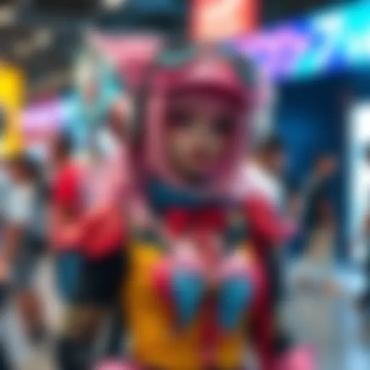 Person wearing a colorful Girlycard costume with detailed accessories at a cosplay event