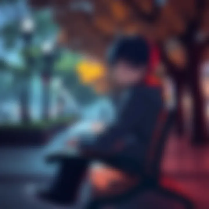 Giyu looking contemplative, sitting alone on a bench in a park, avoiding eye contact with passersby.