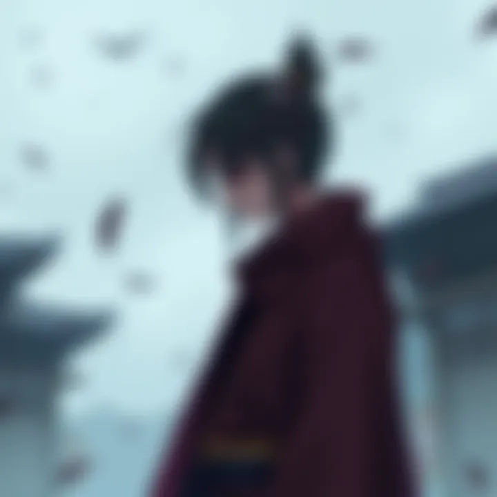 A character named Giyuu stands alone, looking down with a pensive expression, reflecting his deep sorrow. His clothing is traditional, hinting at a somber past, surrounded by a dreary environment.