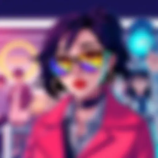 A stylish character named Glasses Asuka, showing her unique fashion in vibrant colors and trendy glasses, surrounded by fashionable elements