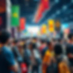 A vibrant scene showing diverse fans connecting at a convention, sharing experiences and discussing trends, with colorful banners and merchandise in the background.