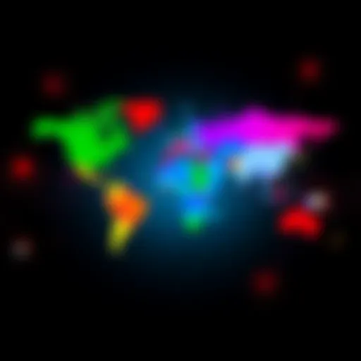 A world map showing various countries represented by different colored sections, symbolizing power distribution and influence. Each section includes icons representing politics, economy, and society.