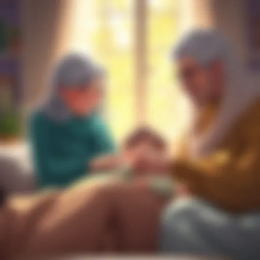 Glynda and Ozpin playfully interacting with their child in a cozy home setting, showcasing warmth and care in their parenting style.