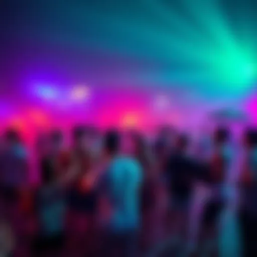 People dancing at a beach party in Goa with live music and colorful lights
