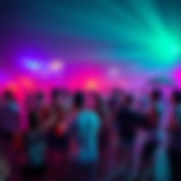 Beach party in Goa People dancing at a beach party in Goa with live music and colorful lights