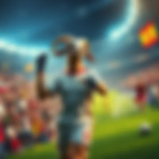 Goat Sae celebrating after scoring a goal during a match, surrounded by excited fans, with a stadium in the background