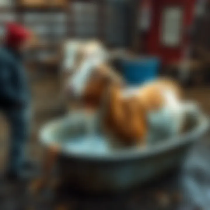 A goat in a farmyard taking a wash in a small tub, with a farmer observing nearby.