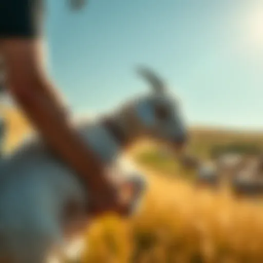 A caring person holds a rescued goat in a sunny field, showing compassion and dedication to animal welfare.