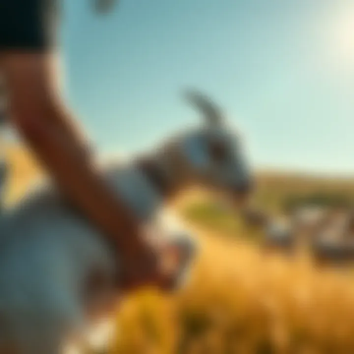 A caring person holds a rescued goat in a sunny field, showing compassion and dedication to animal welfare.