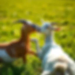 Two goats playfully interacting in a green pasture, showing their bond with each other and their surroundings.