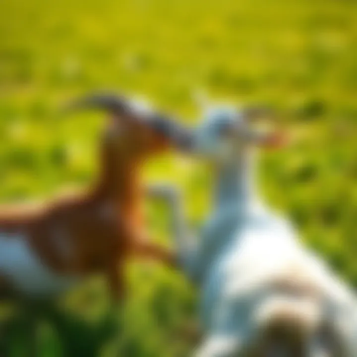 Two goats playfully interacting in a green pasture, showing their bond with each other and their surroundings.