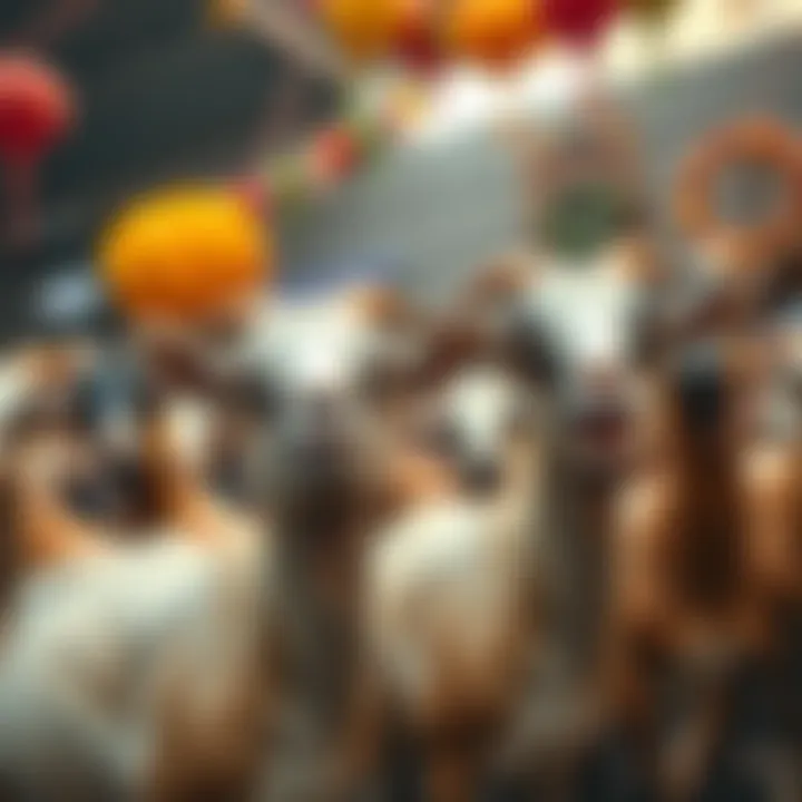 A group of joyful goats celebrating with colorful decorations and people in the background.