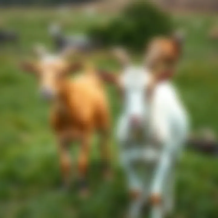 Two goats standing proudly in a green pasture, showcasing their strength and confidence as they graze.