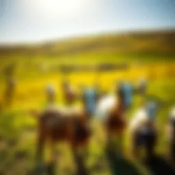 A group of goats grazing in a green field under bright sunlight