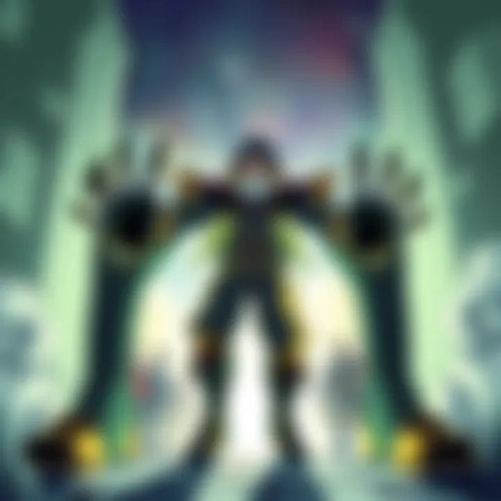 A dramatic scene featuring a God Hand character making a bold entrance in the 1997 anime, showcasing distinctive features and a powerful stance.