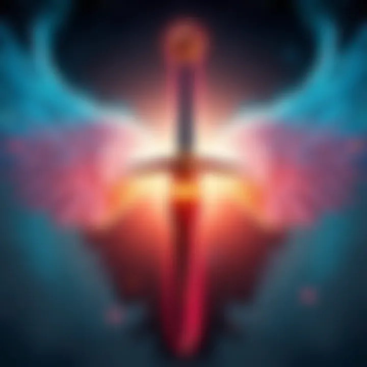 A symbolic depiction of God and the Sword of Akasha with a background representing collective consciousness, showing light and energy emanating from the sword.