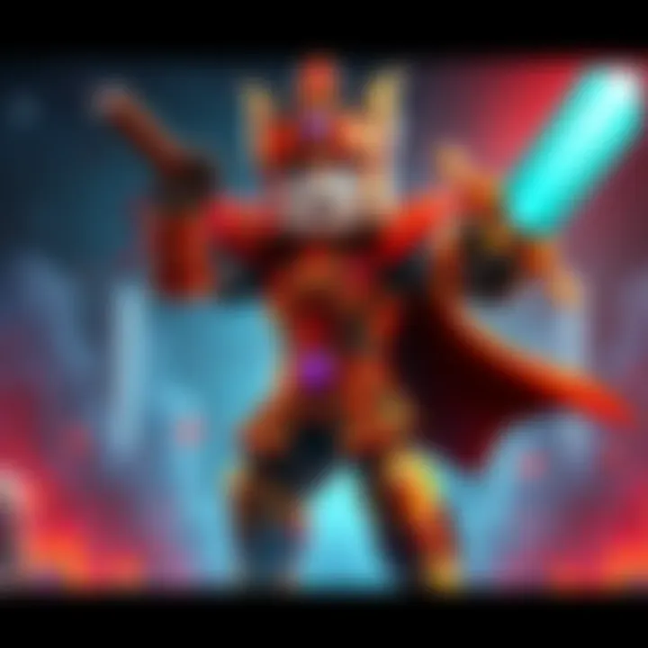 A powerful God Warrior character in Minecraft, wearing ornate armor and wielding a glowing sword, standing triumphantly in a blocky world.