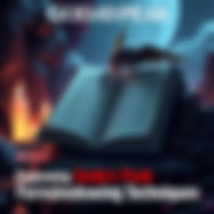 Goda's Peak Foreshadowing Techniques Illustration showing a book with key foreshadowing symbols like shadows and hints around characters, emphasizing narrative development