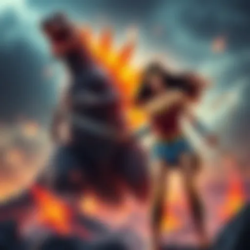 Composite Godzilla towers over Wonder Woman in an epic battle scene, showcasing their powers and determination.