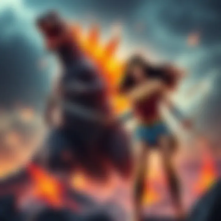 Composite Godzilla towers over Wonder Woman in an epic battle scene, showcasing their powers and determination.