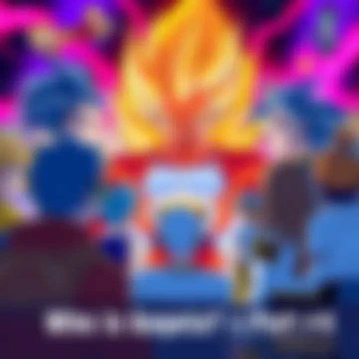 A colorful illustration showing fans discussing who Gogeta is, with humorous wrong answers and character images in the background.