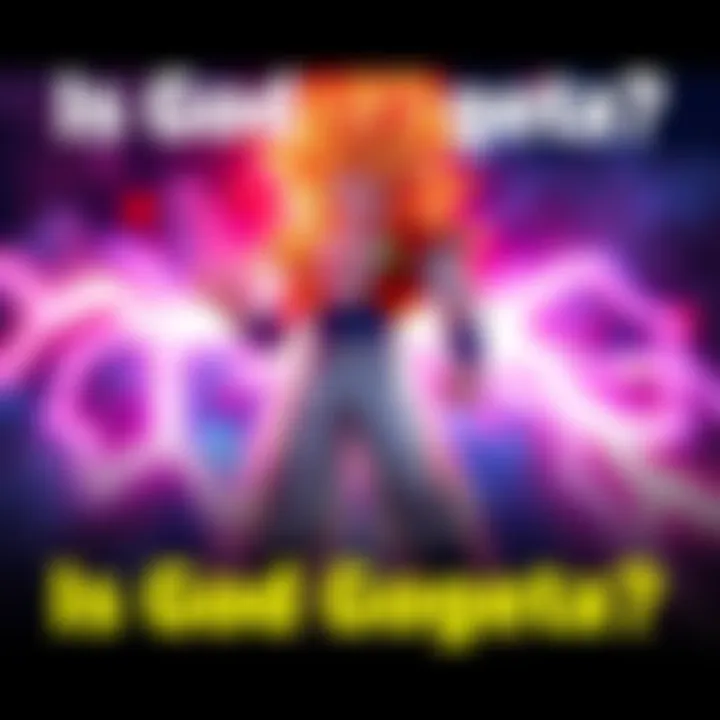 Gogeta in Battle Pose Gogeta standing in a powerful battle pose with a glowing aura, showcasing his strength and divine nature in a stylized animation.