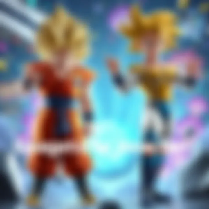 Art showing Gogeta and the new Pan character, highlighting their features and designs, set against a colorful background related to the game.