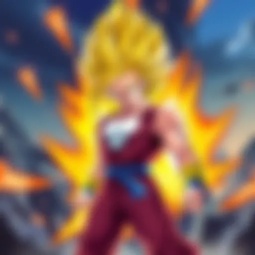 An illustration of Gogeta in Super Saiyan 4 form, showcasing his powerful stance and fierce expression, with a vibrant aura around him.