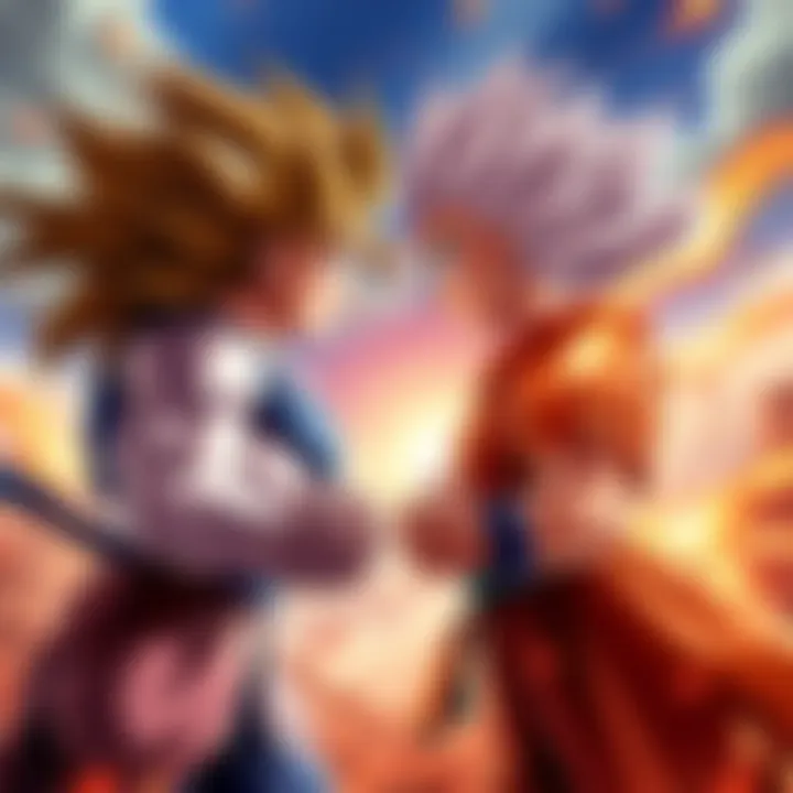 Gogeta and Vegito facing off, showcasing their distinctive moves in a vibrant battle scene.