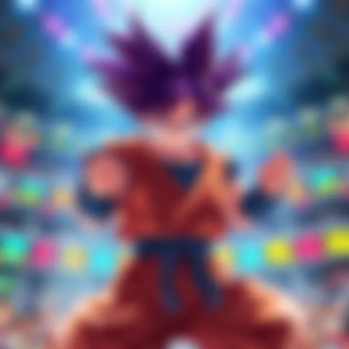 Gohan stands ready for battle, showcasing his strength and determination, with a colorful background representing the Tournament of Power arena.