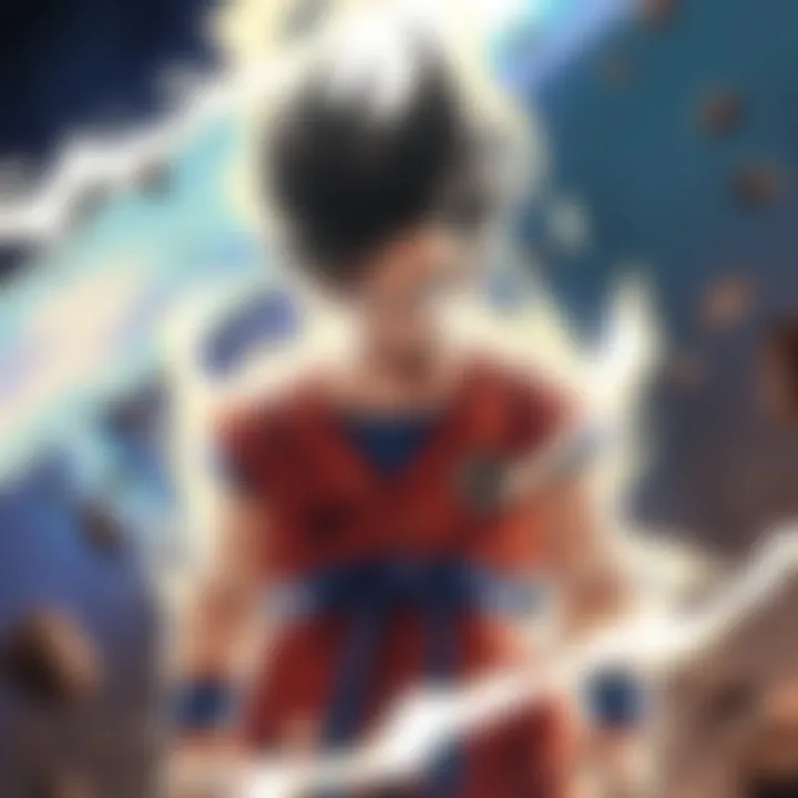 Gohan stands determined, ready to face a powerful opponent, with an intense look on his face and energy swirling around him.