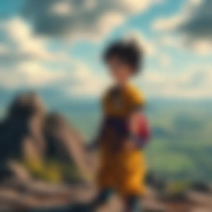 Gohan training by himself, looking determined but lacking guidance, with a background of a peaceful landscape.