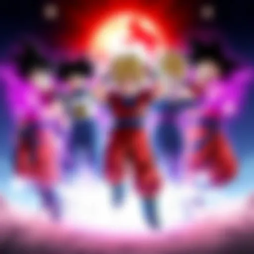 Gohan and Trunks performing the Fusion Dance alongside Goku and Vegeta, creating a powerful fusion character in the Dragon Ball universe