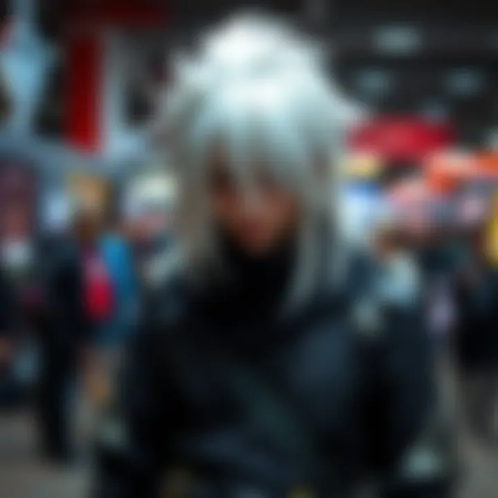 A person dressed in a Gojo cosplay outfit, showcasing the character's signature style, including white hair and dark clothing, at a convention.