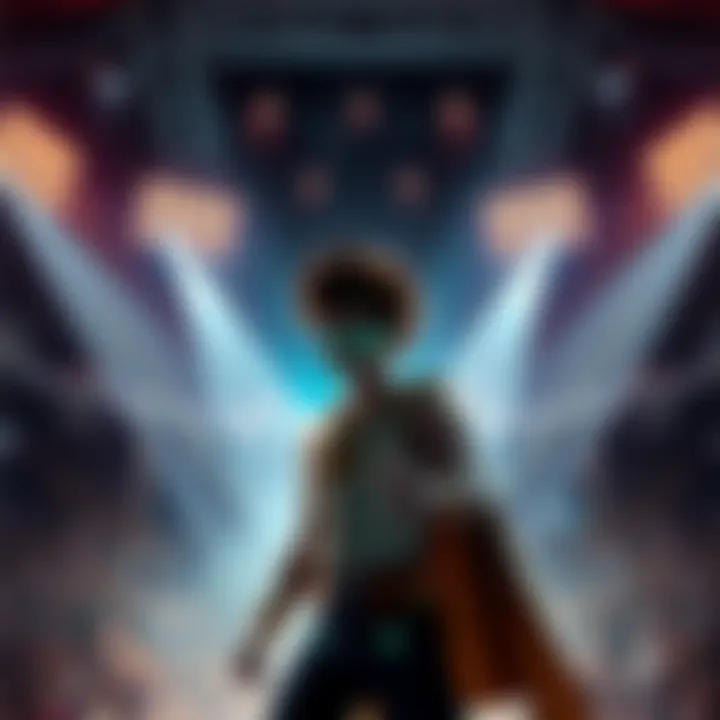 Gojo stands heroically in the spotlight, ready for battle in the Modulo finale, with a crowd of fans cheering in the background.