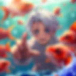 Gojo, a character with white hair and an unusual expression, interacts with fish in a colorful setting, hinting at his strange behavior in the story.