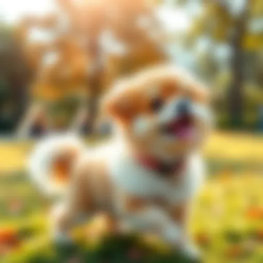 Gojo, a fluffy and playful pet, happily wagging its tail in a sunny park setting