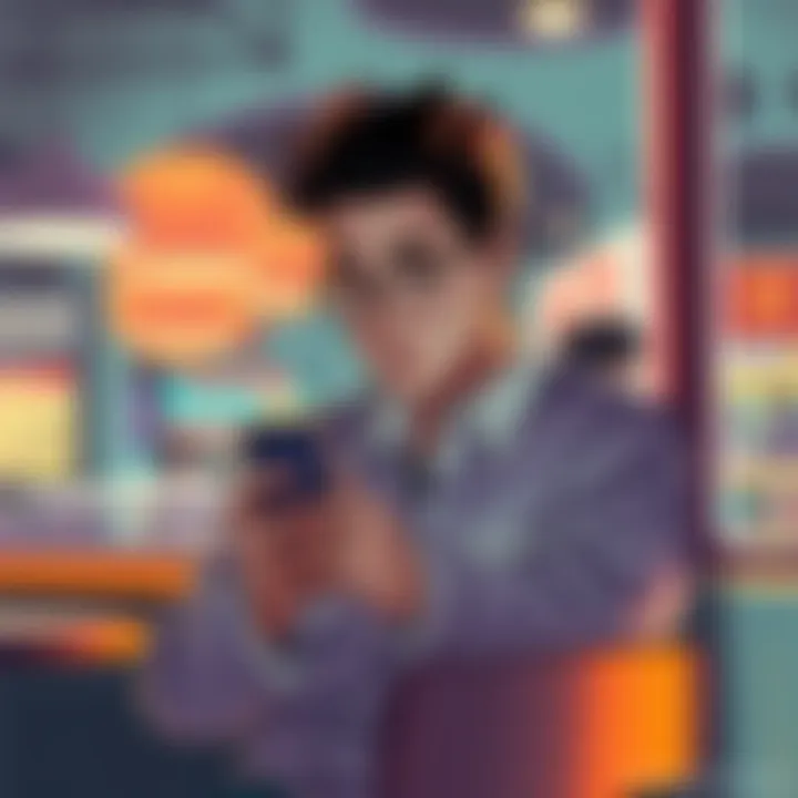 Gojo looking at his phone while sitting in a busy café, balancing work and leisure