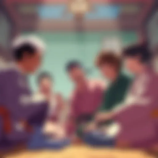 Gojo laughing with a group of friends during a jujutsu training session, showcasing their playful interactions and camaraderie.