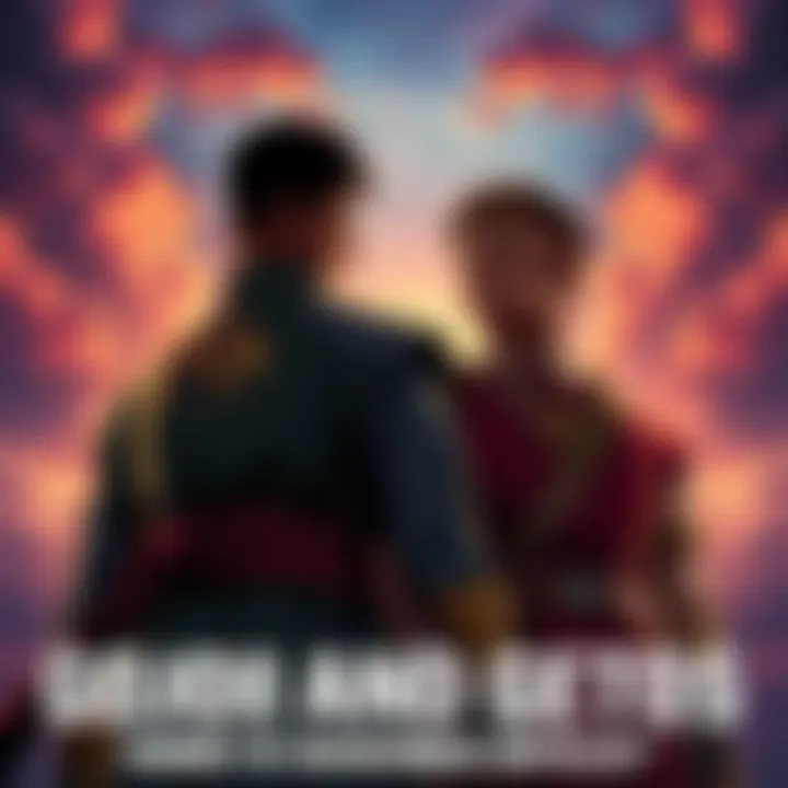 Gojo and Geto stand facing each other, their expressions intense as they confront their evolving powers. The background shows a dramatic sky, symbolizing their conflict and connection.
