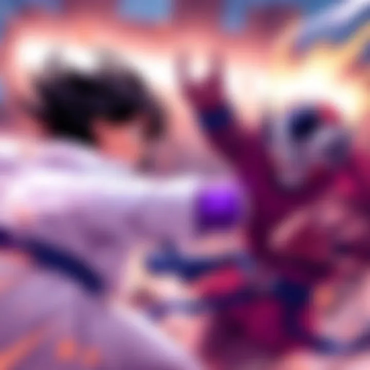 An intense animated fight between GOJO and MAHORAGA, showcasing their powers and abilities in a dynamic battle. GOJO appears determined while MAHORAGA looks fierce and ready to defend. 