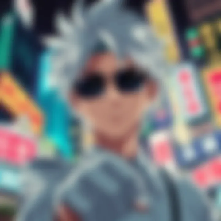 Gojo Satoru, a popular anime character, showcasing his unique style with white hair and dark sunglasses, surrounded by a vibrant anime background.