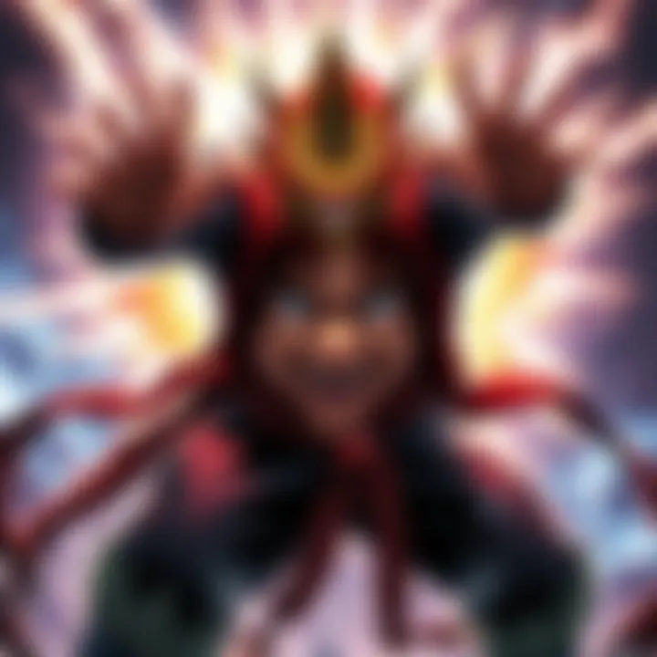 Gojo unleashing power with Star Rage technique Gojo in a dynamic pose, combining his Six Eyes with Yuki's Star Rage technique, showcasing a powerful energy aura around him