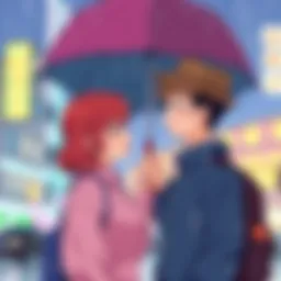 Gojo and Utahime share a moment under an umbrella on a rainy day, looking at each other with warm smiles while raindrops fall around them.