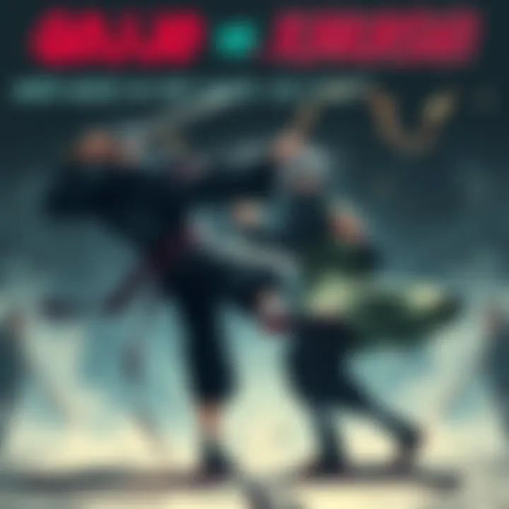 Gojo and Kakashi engage in a hand-to-hand fight, showcasing their martial arts skills and fighting stances.