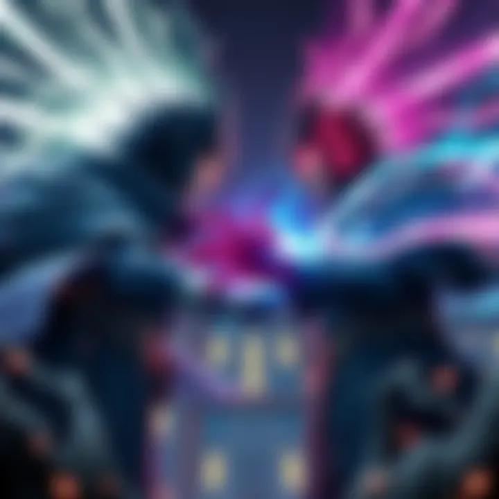 Gojo and Sukuna facing off in an intense fight, with energy swirling around them and Mahoraga and Agito absent from the scene.